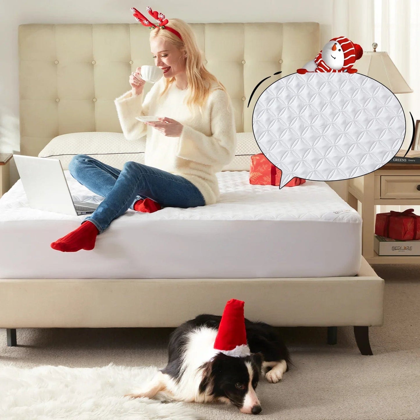 the luck charm print detail of the waterproof mattress protector