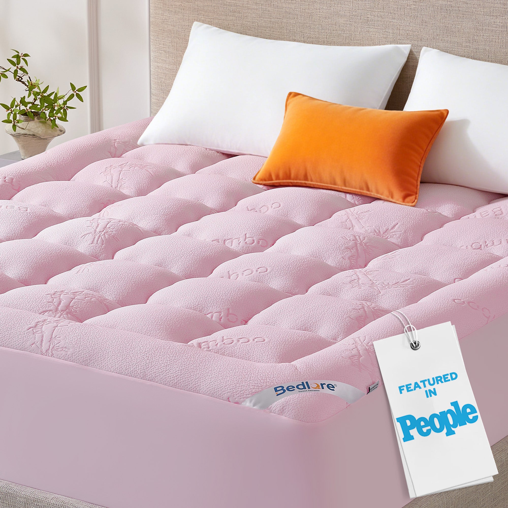 BEDLORE Mattress Topper Viscose Derived from Bamboo, Thick Pillow Top Mattress Pad with Stretchable Pockets for 6"-18" Mattress, Soft Breathable Mattress Topper for Back Pain Relief(Pink)
