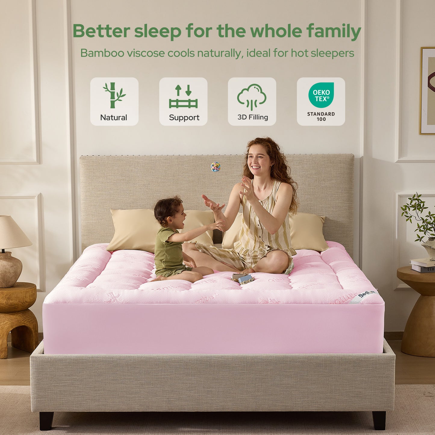 BEDLORE Mattress Topper Viscose Derived from Bamboo, Thick Pillow Top Mattress Pad with Stretchable Pockets for 6"-18" Mattress, Soft Breathable Mattress Topper for Back Pain Relief(Pink)