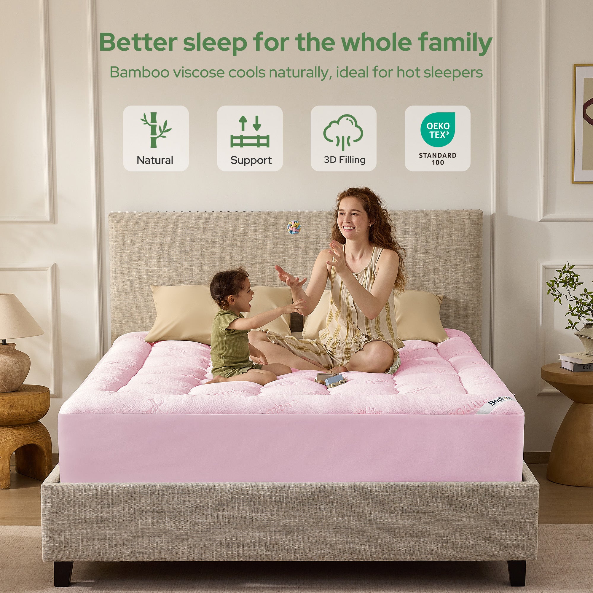 BEDLORE Mattress Topper Viscose Derived from Bamboo, Thick Pillow Top Mattress Pad with Stretchable Pockets for 6"-18" Mattress, Soft Breathable Mattress Topper for Back Pain Relief(Pink)