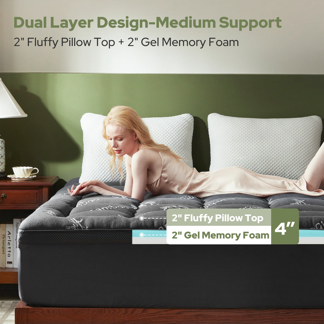 2 fluffy pillow top plus 2" gel memory foam, gray