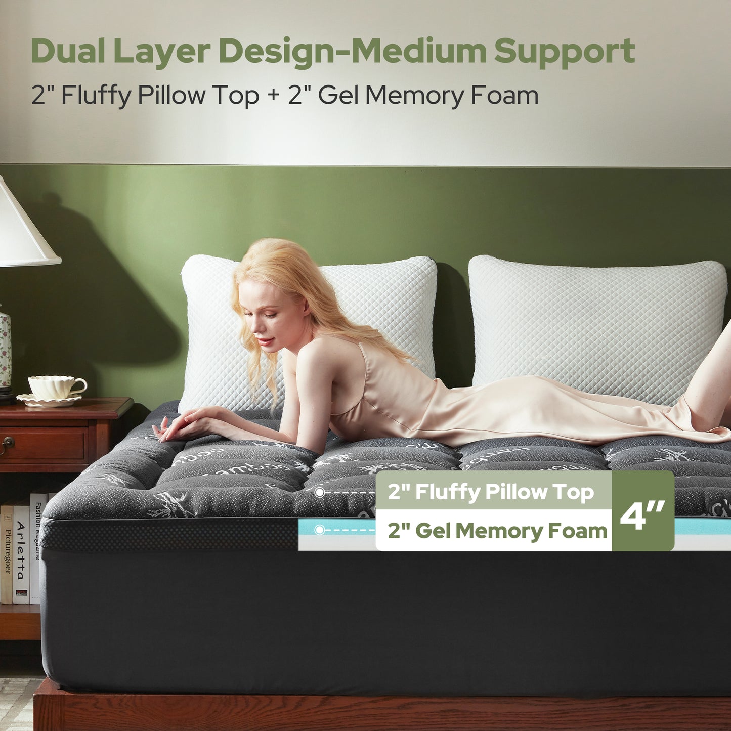 2 fluffy pillow top plus 2" gel memory foam, gray