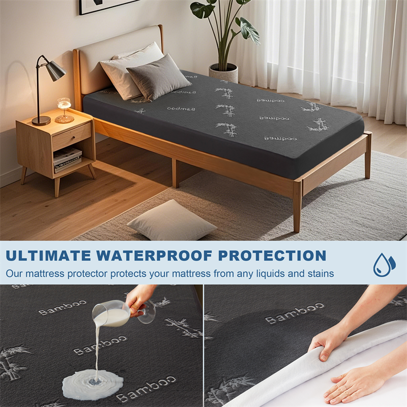 this waterproof mattress protector protects your mattress from any liquids and stains, gray