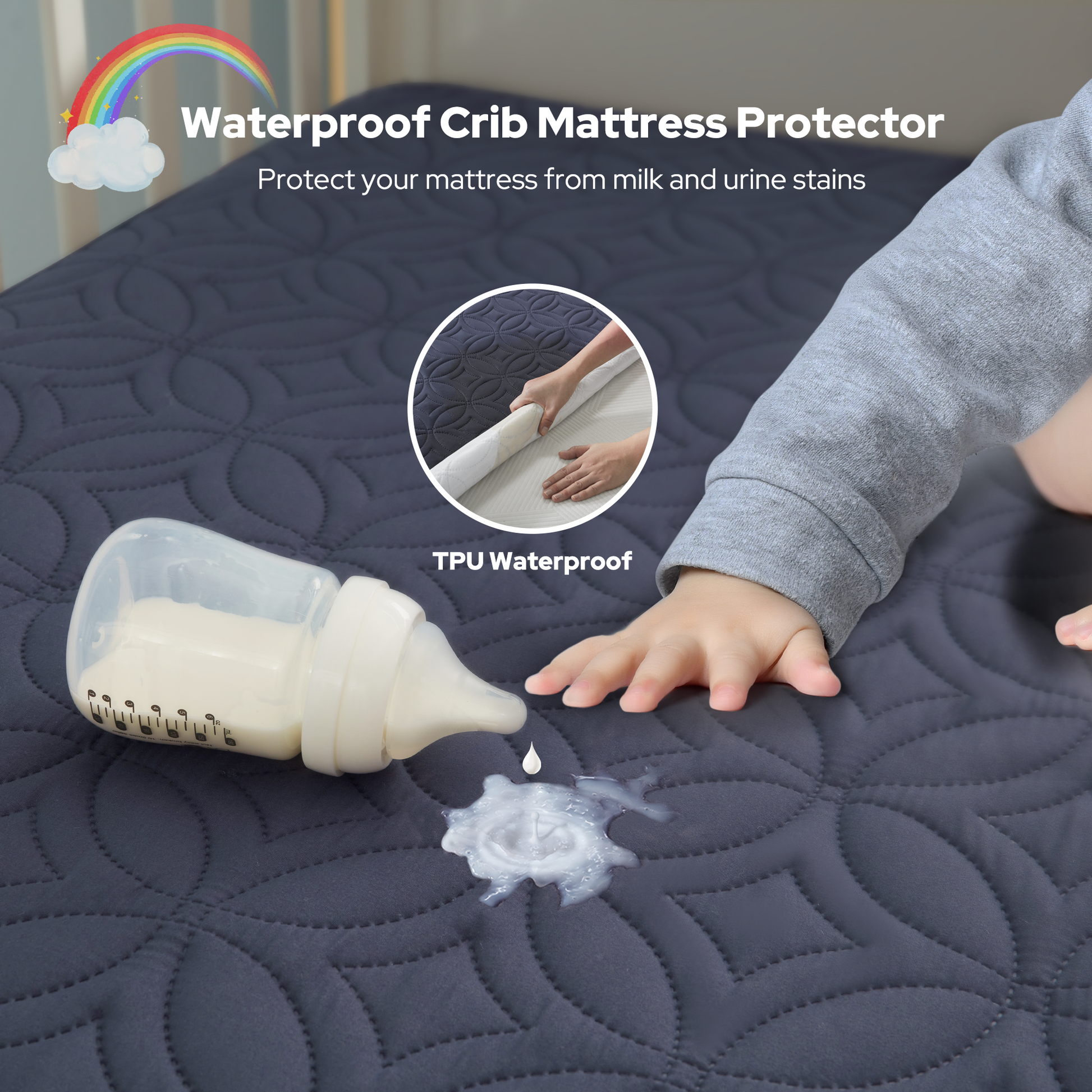 the TPU waterproof protect your baby mattress from milk and urine stains, navy blue