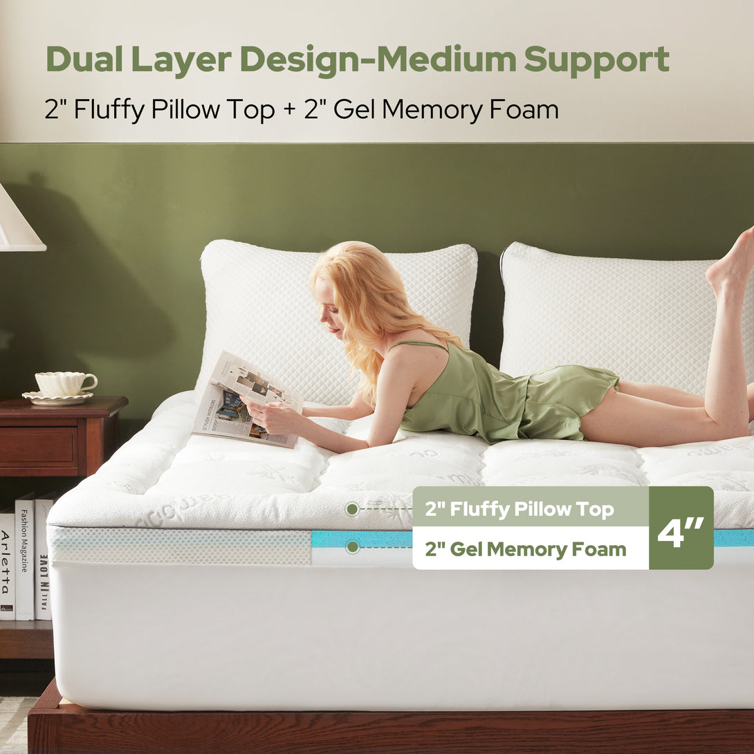 2 fluffy pillow top plus 2" gel memory foam, white