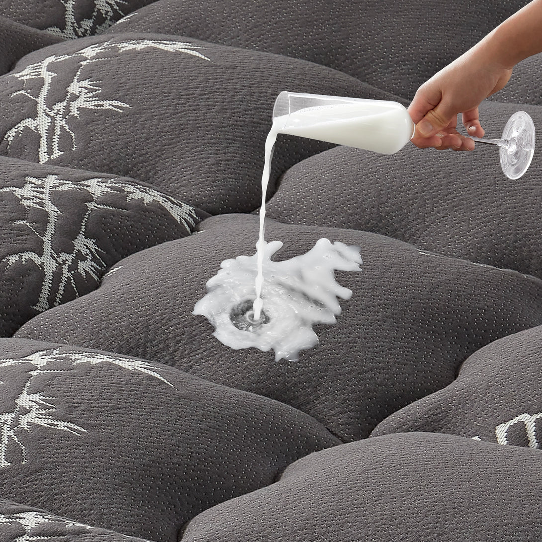 this bamboo fabric mattress topper is waterproof, gray