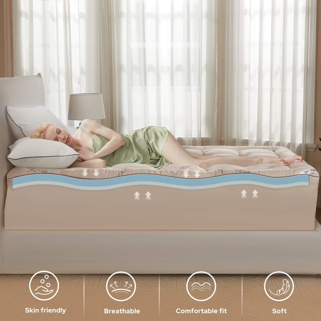 the memory foam mattress topper is skin friendly, breathable, comfortable fit and soft, beige