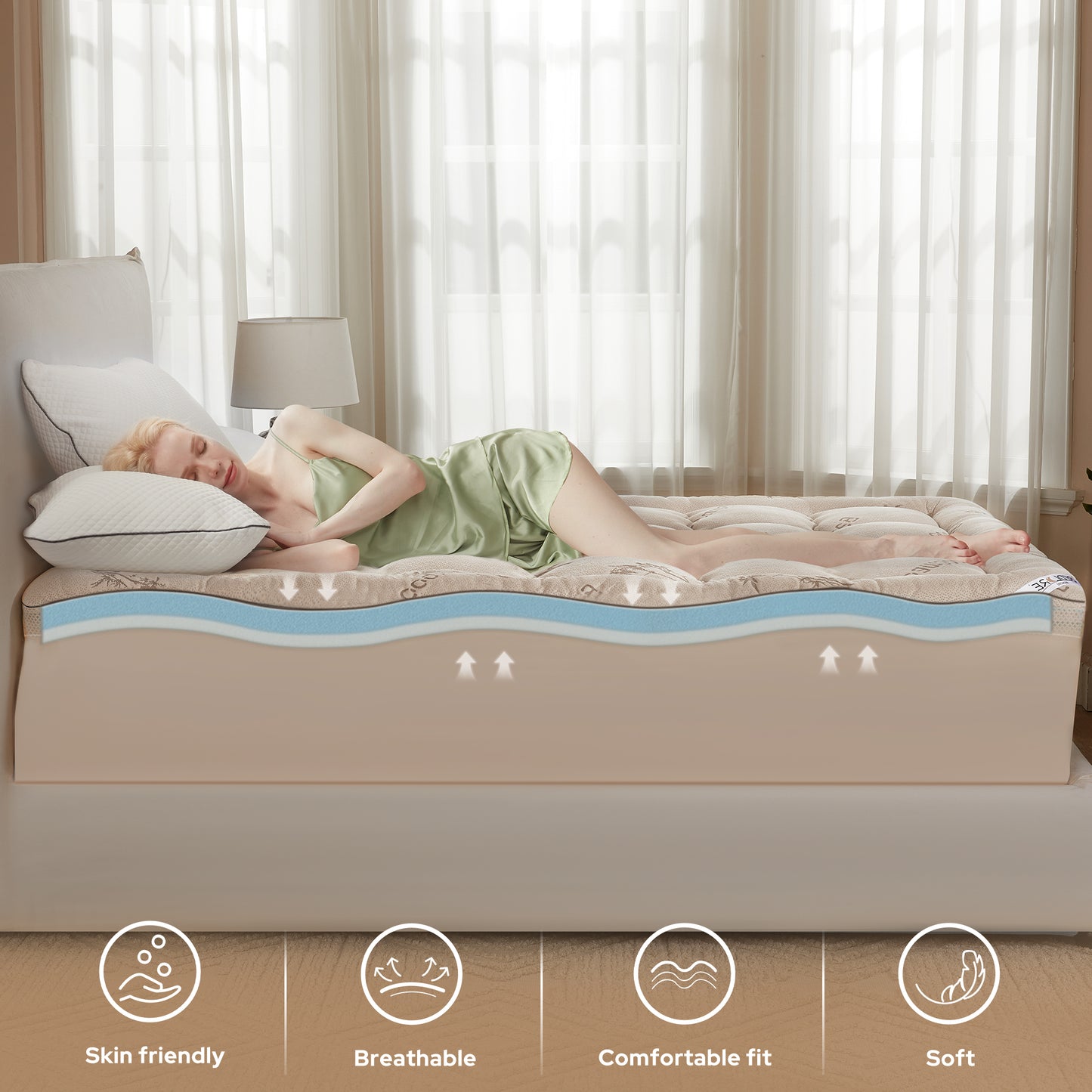 the memory foam mattress topper is skin friendly, breathable, comfortable fit and soft, beige