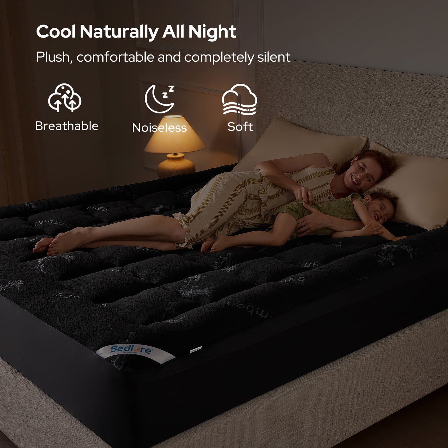 BEDLORE Mattress Topper Viscose Derived from Bamboo, Thick Pillow Top Mattress Pad with Stretchable Pockets for 6"-18" Mattress, Soft Breathable Mattress Topper for Back Pain Relief(Black)
