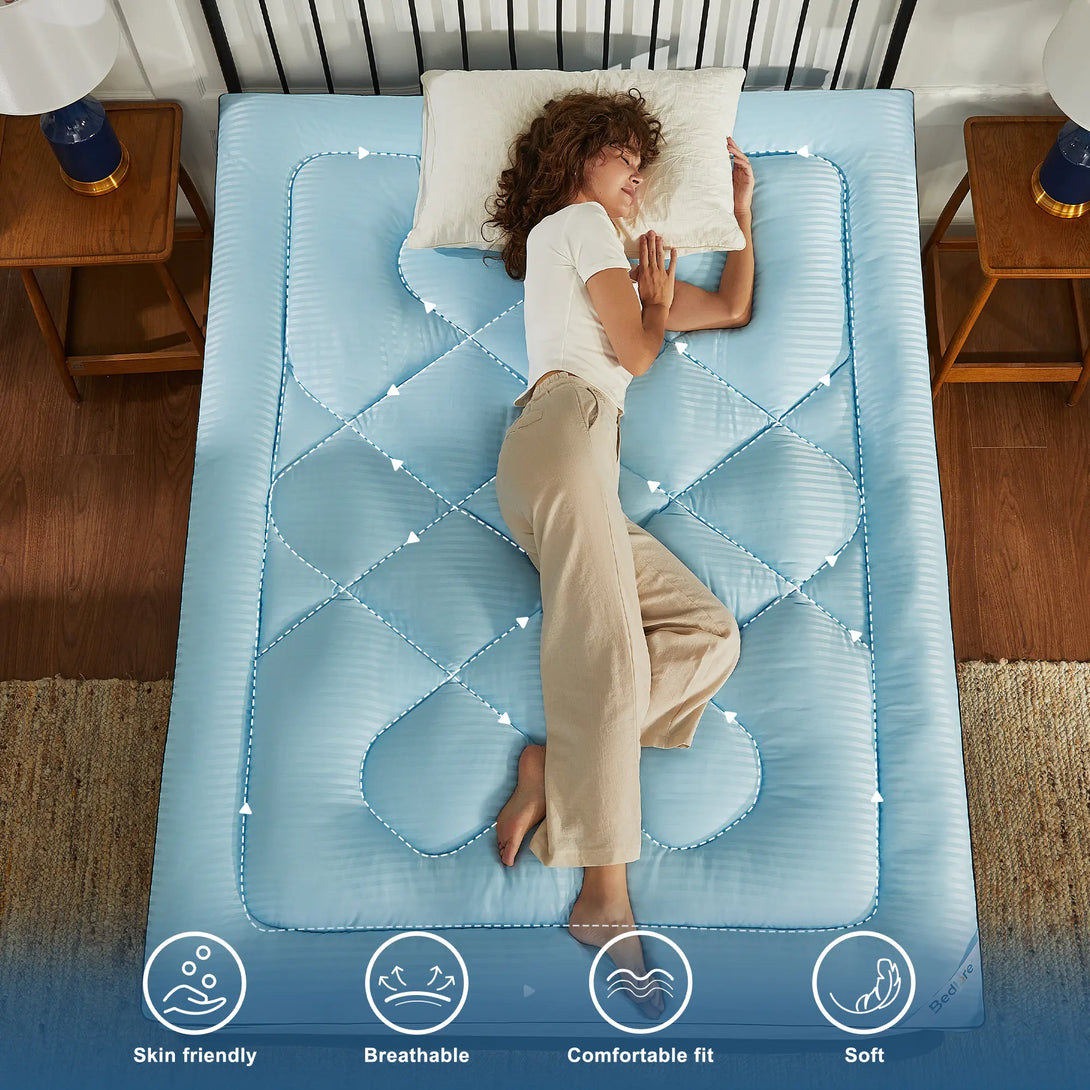 the luxe extra thick pillow top mattress topper is skin-friendly, Breathable, Comfortable, and Soft, blue