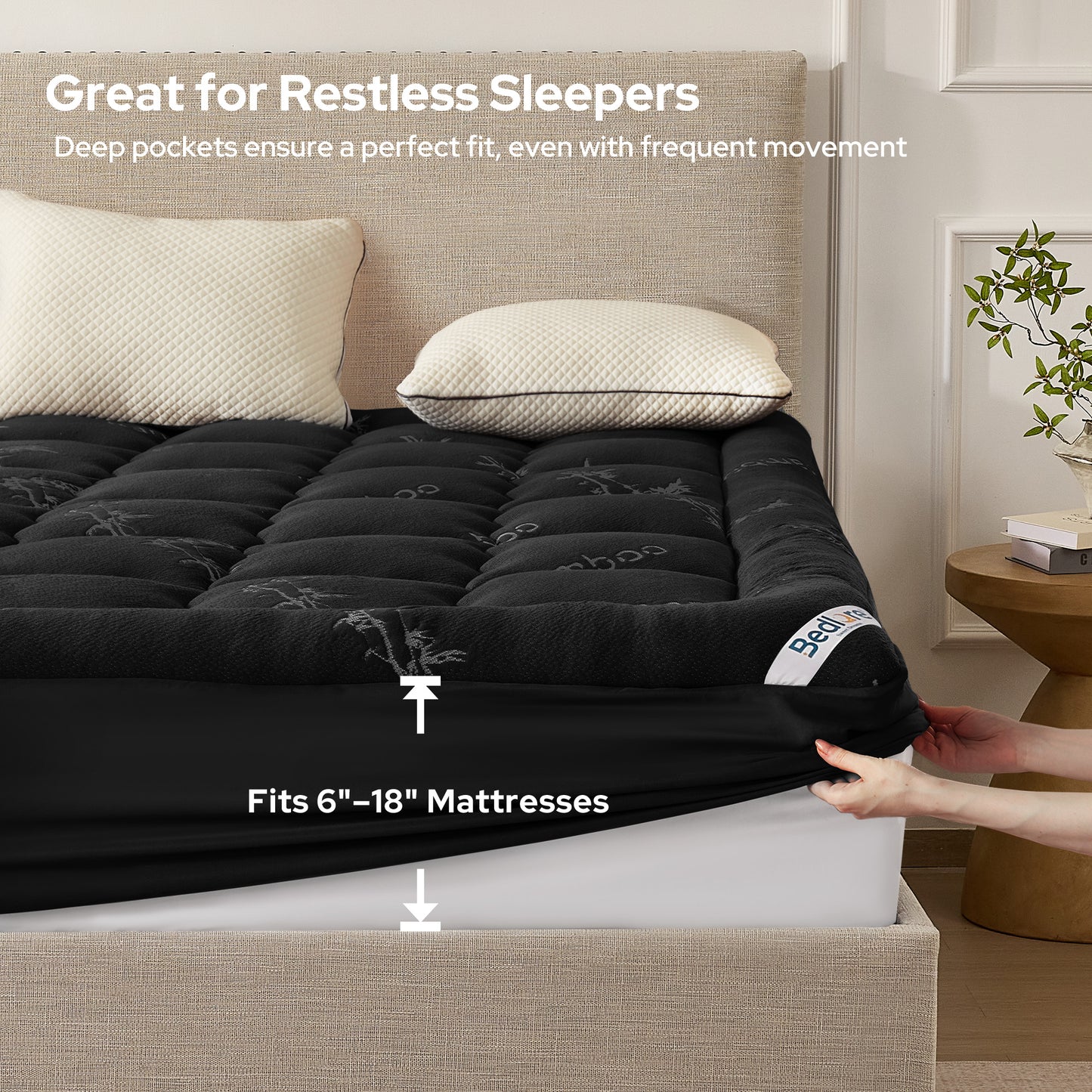 BEDLORE Mattress Topper Viscose Derived from Bamboo, Thick Pillow Top Mattress Pad with Stretchable Pockets for 6"-18" Mattress, Soft Breathable Mattress Topper for Back Pain Relief(Black)