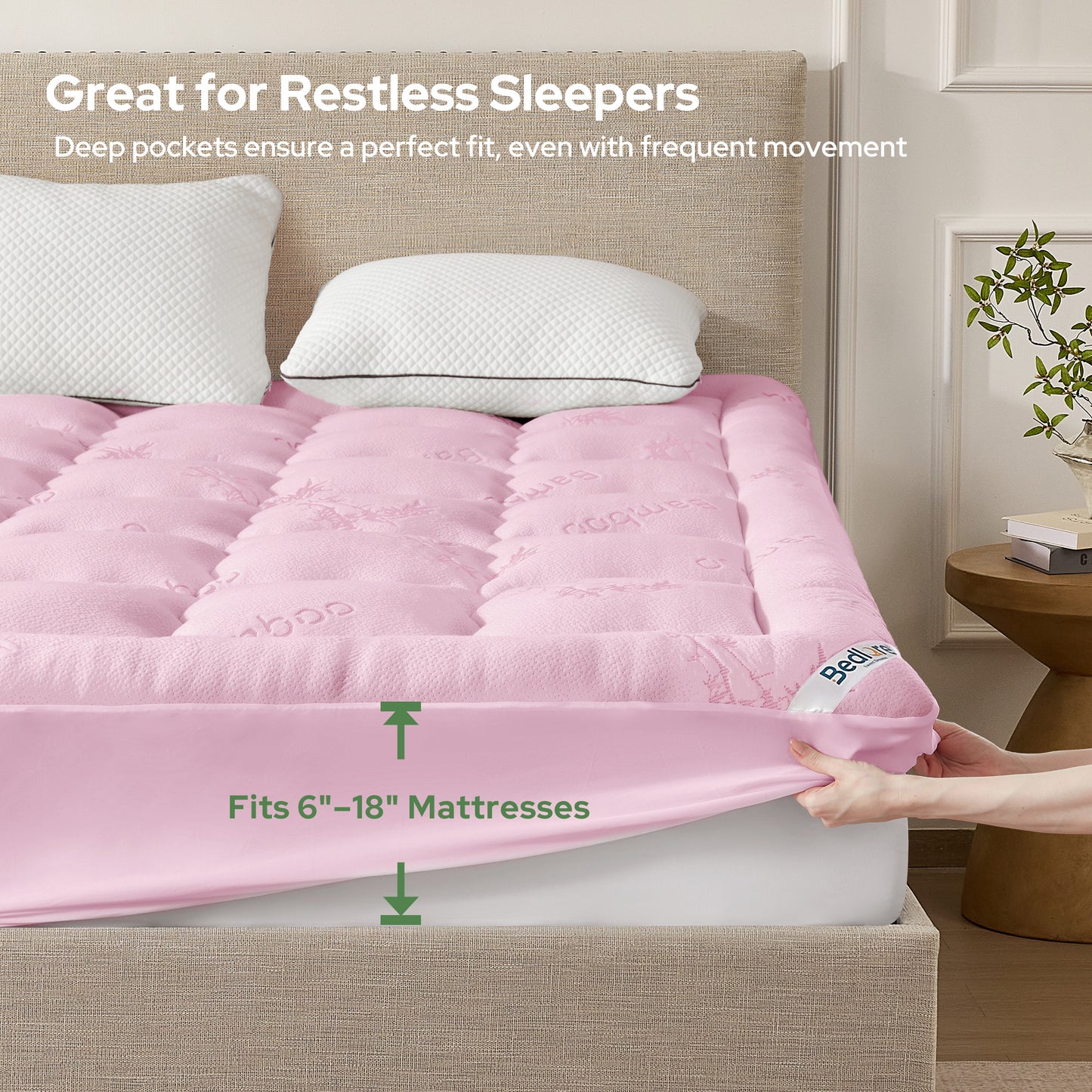 BEDLORE Mattress Topper Viscose Derived from Bamboo, Thick Pillow Top Mattress Pad with Stretchable Pockets for 6"-18" Mattress, Soft Breathable Mattress Topper for Back Pain Relief(Pink)