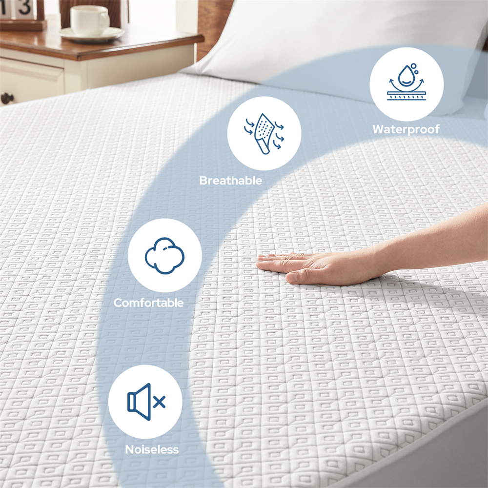 waterproof, breathable, comfotable and noiseless mattress protector, white