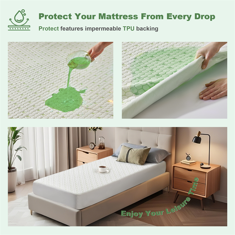 the impermeable TPU backing protects your mattress from every drop 