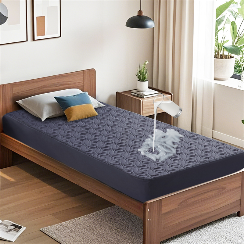 Bedlore waterproof single bed noiseless solid color good luck charm print mattress protector, navy blue