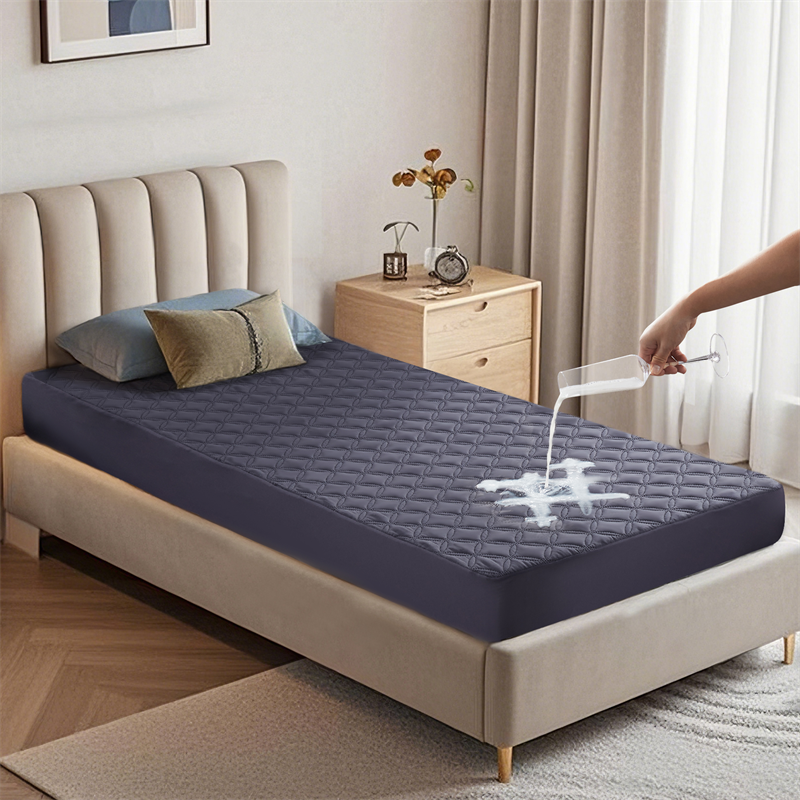 Bedlore waterproof single bed noiseless solid color luck charm print mattress protector, navy blue