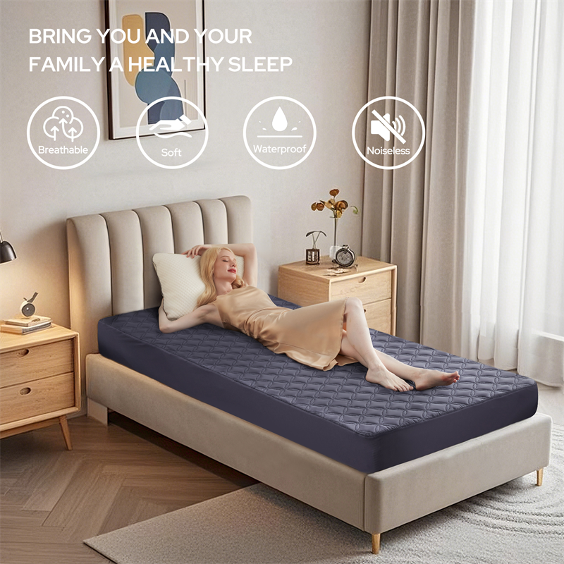 this mattress protector is breathable, waterproof, soft and noiseless to bring you a healthy sleep, navy blue