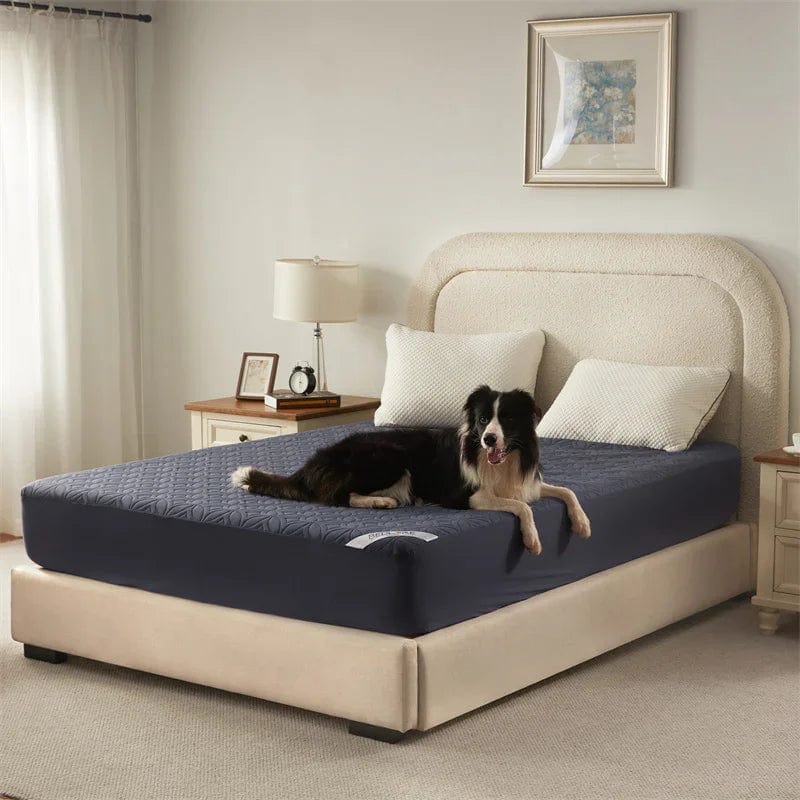 the good luck charm print mattress protector is pet-friendly, navy blue