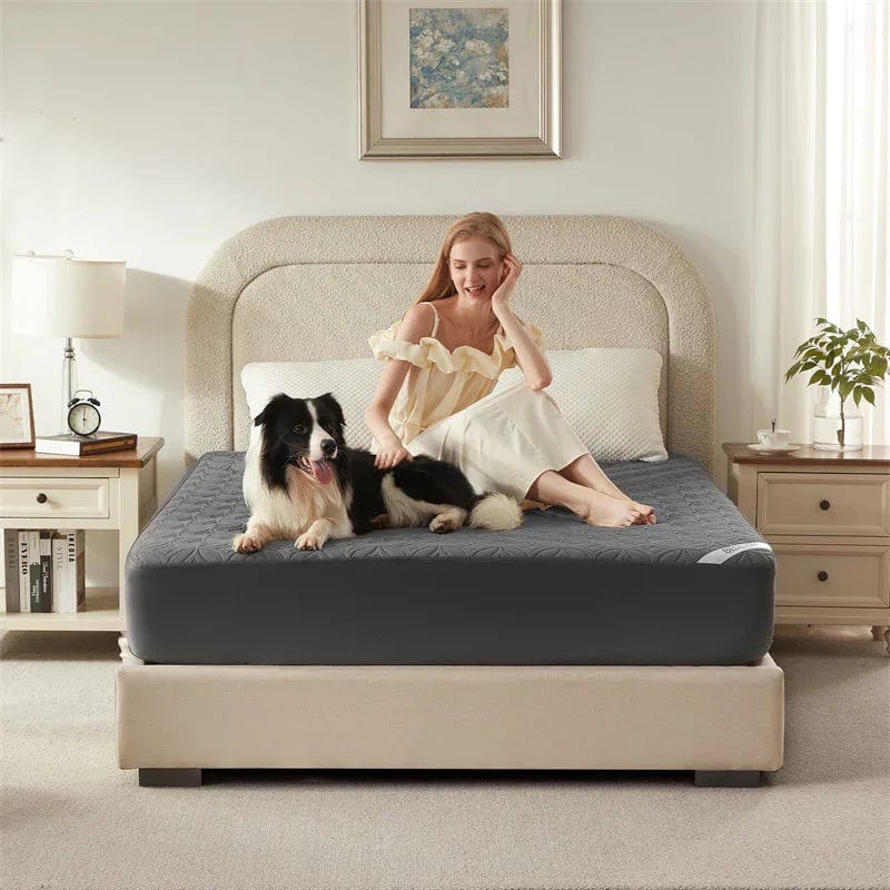 the waterproof good luck charm print mattress protector is pet-friendly, gray