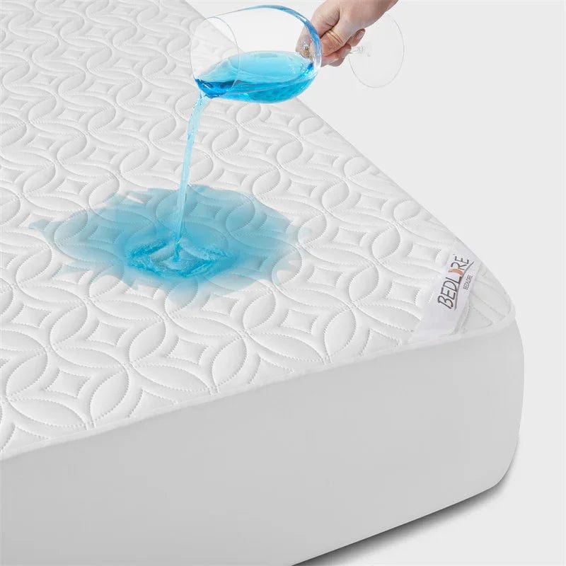 the good luck charm print mattress protector is waterproof, white