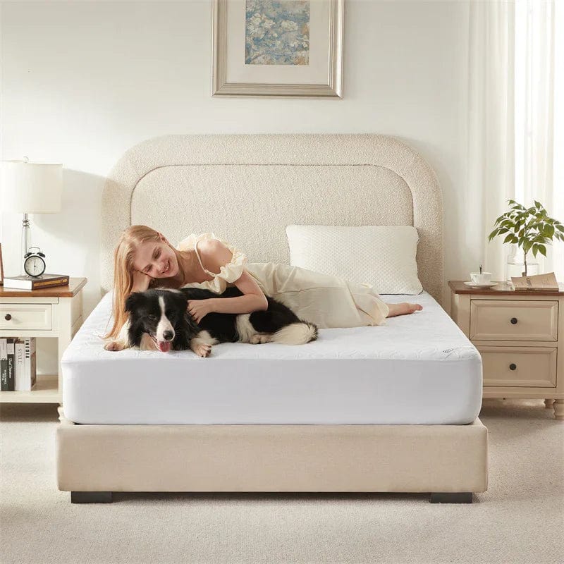 the waterproof good luck charm print mattress protector is pet-friendly, white