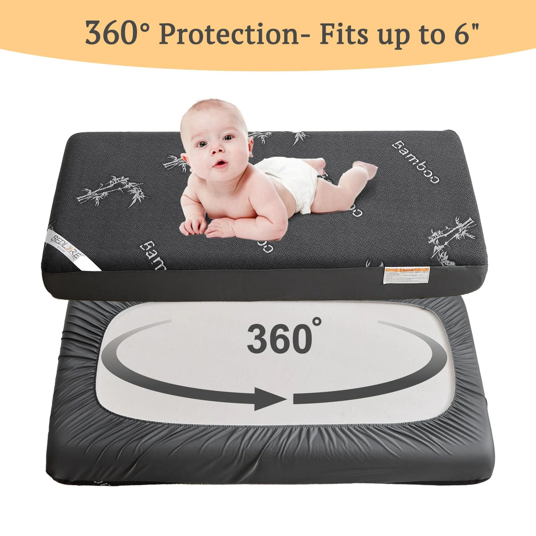 the crib waterproof mattress protector provide a 360°protection- fits up to 6”, gray