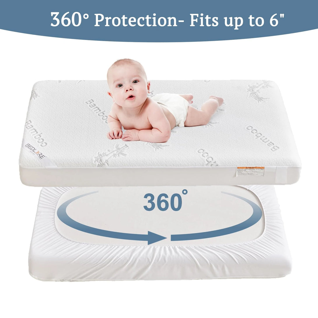 the crib waterproof mattress protector provide a 360°protection- fits up to 6”, white