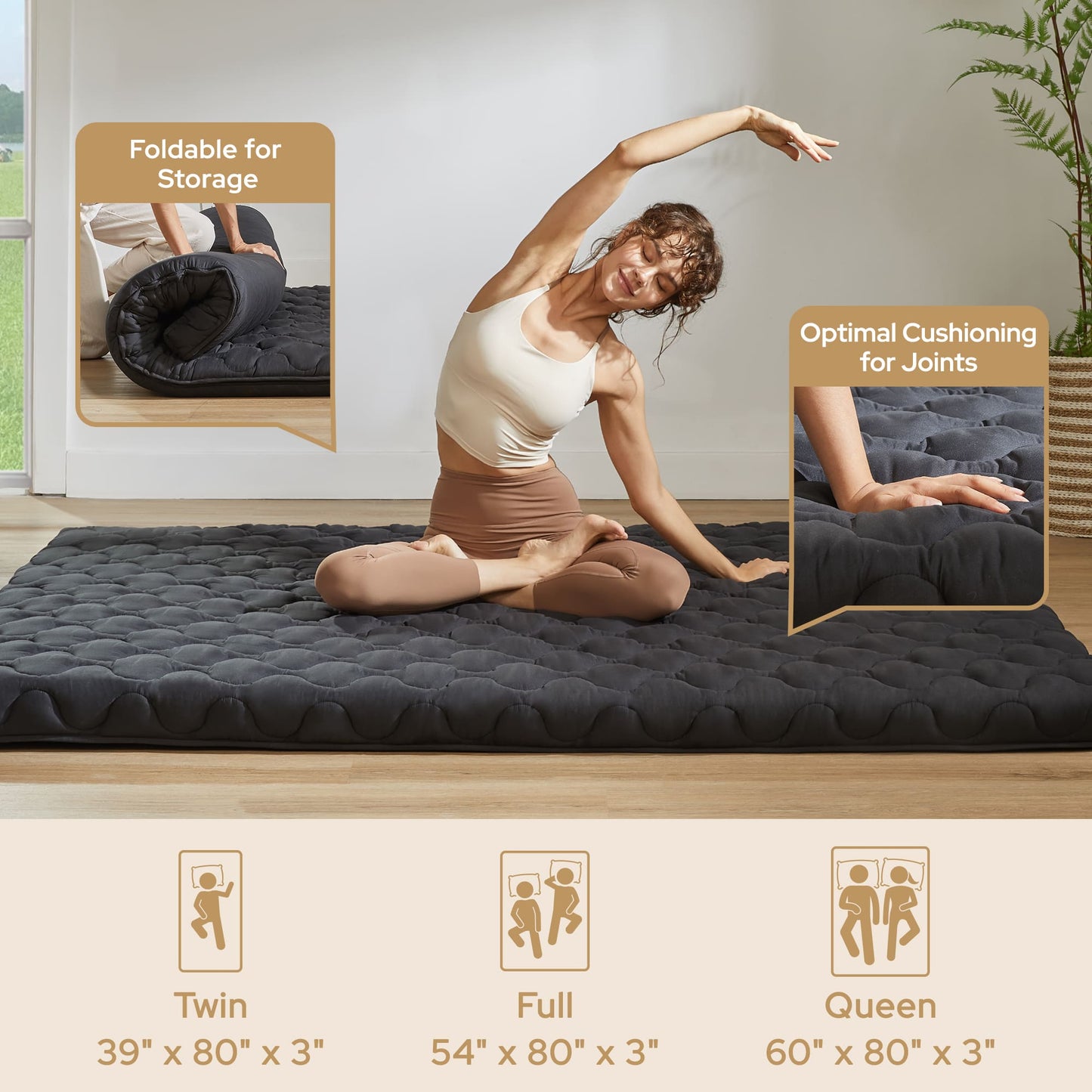 Bedlore® Foldable Japanese Futon with High-Density Foam, 3" Thick Portable