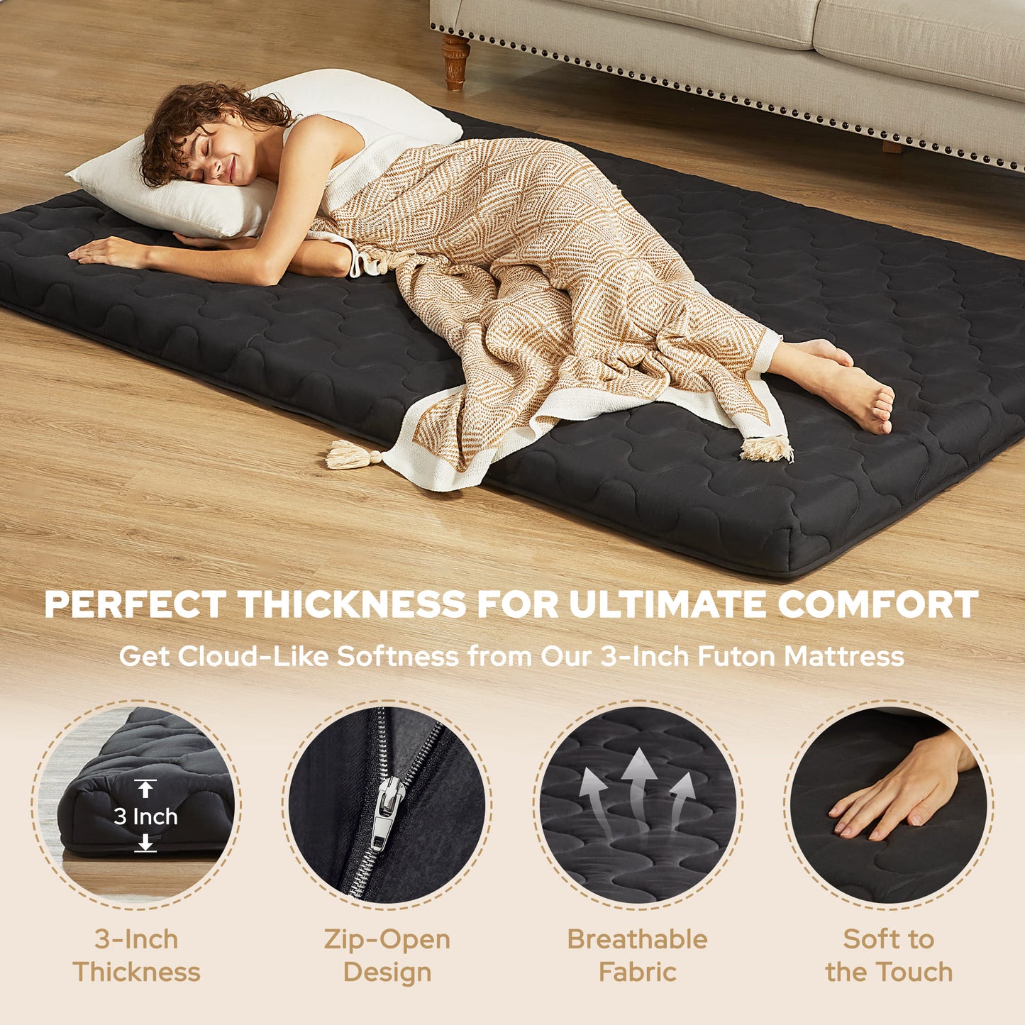 Bedlore® Foldable Japanese Futon with High-Density Foam, 3" Thick Portable